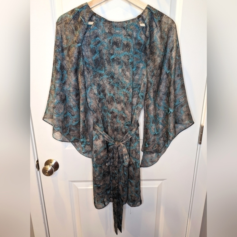 HALSTON Heritage Mini Dress Gray Turquoise Print Drape Sleeves Size Small